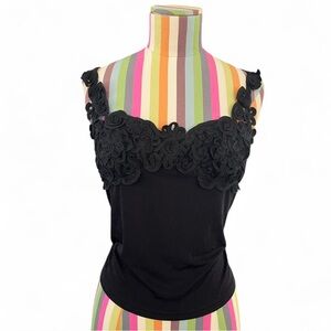 Vintage MaxiMa Made in USA Lace Ribbon 3D Floral Tank Top Stretchy